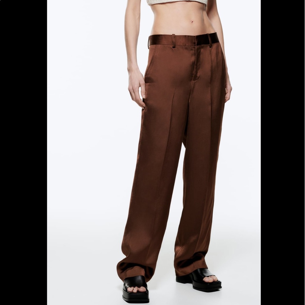NWT Zara brown satin effect straight leg pants